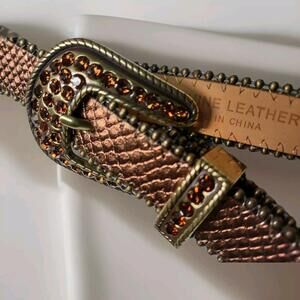 New Cache Belt Rhinestone Studded Size L Chain Ball Bronze Reptile Leather Snake